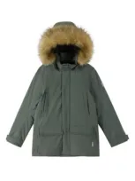 Reima Kids' Tec Faux-fur Trim Waterproof Down Parka In Thyme Green