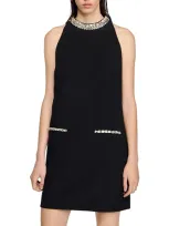 Sandro Crystal-embellished Shift Mini Dress In Black