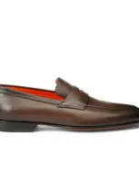 Santoni Men's Polished Brown Leather Penny Loafer In Dark Brown