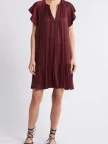 Treasure & Bond Flutter Sleeve Satin Dress In Burgundy Tannin