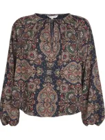 Veronica Beard Satin Printed Solay Blouse In Navy