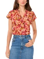 Vince Camuto Print Split Neck Top In Rose Clay