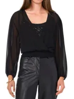 Vince Camuto Sequin Surplice Long Sleeve Top In Rich Black