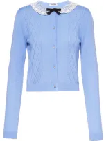 Miu Miu Women's Lace-collar Pointelle-knit Cashmere Cardigan In Azzurro Blue