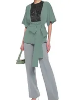 Brunello Cucinelli Belted Embellished Satin-paneled Stretch-silk Blouse In Grey Green