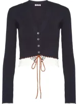 Miu Miu Rib-knit Lace-trimmed Cardigan In Dark Blue