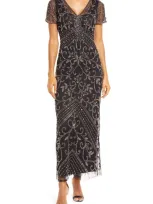 Pisarro Nights Beaded Mesh Column Gown In Carbon